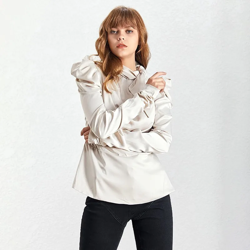 TWOTWINSTYLE, сатиновые однотонные женские рубашки, блузка, Женская пышная блуза с длинным рукавом на шнуровке, топы больших размеров, женская летняя модная одежда - Цвет: apricot