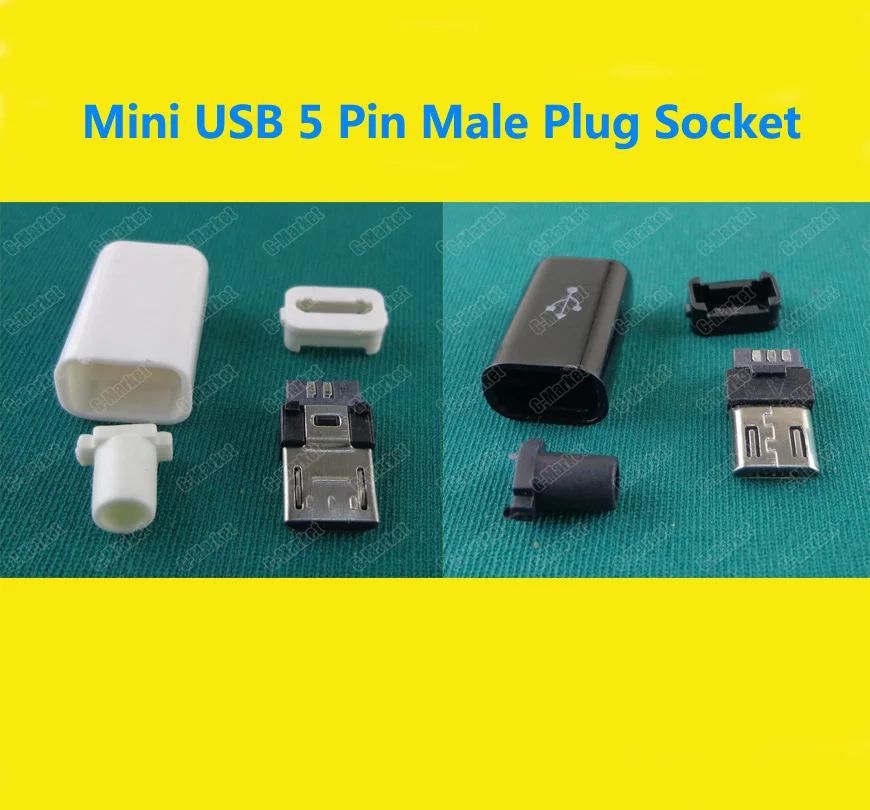 100 комплектов мини USB 5 контактный Штекерный разъем и пластиковая крышка для