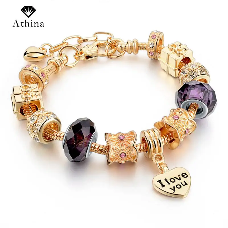 

Fashion Romantic Heart Charm Bracelets Purple Beads Gold Bracelets&Bangles For Women DIY Jewellery Pulseira Feminina