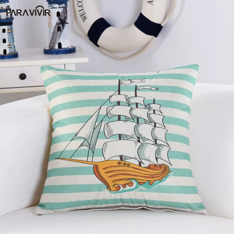 Marine style Blue Sea Helm Printed Cushion Cover Cotton Linen Coral Anchor Throw Pillow Decorative Car Chair Case | Дом и сад