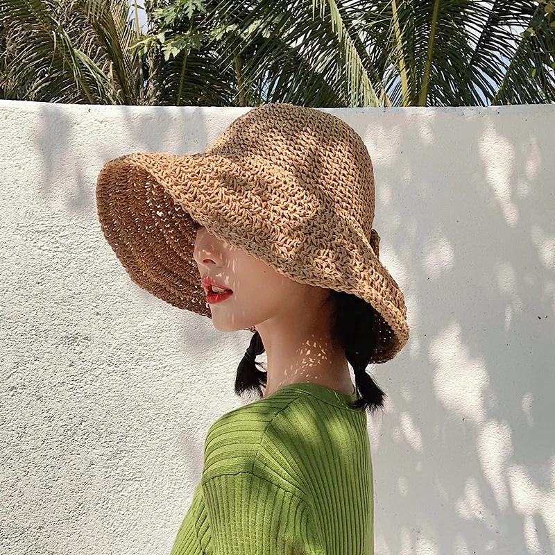 

Johnature 2021 Summer New Casual Korean Vacation Sunscreen 7 Colors Women Straw Hats All-match Knitting Bow Female Hats