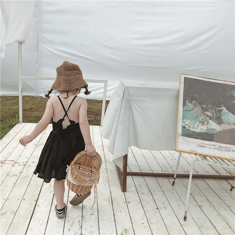 Black Sling Sleeveless Summer Girls Dress Beach Open Back Kid Dresses Fairy Princess Dressing Children's Clothing | Детская одежда
