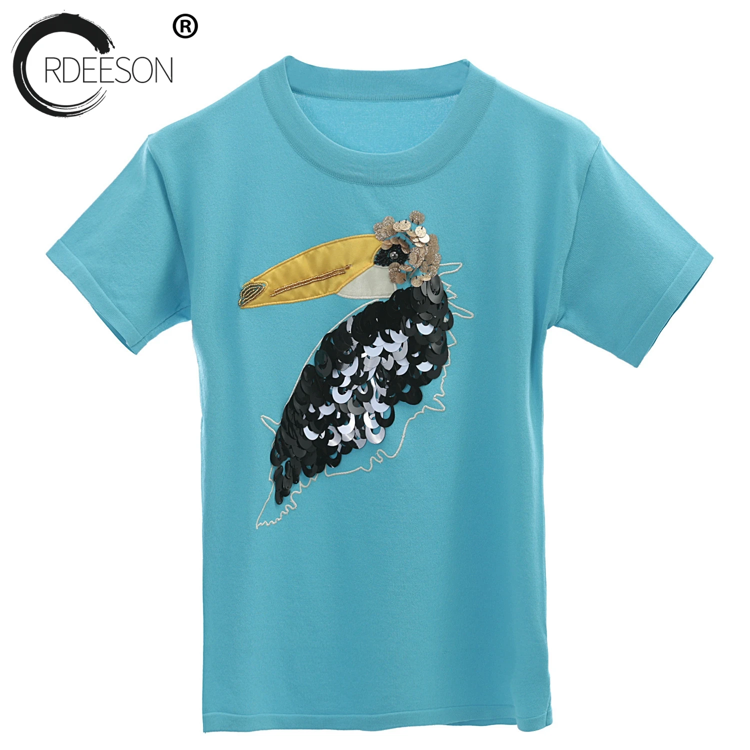 ORDEESON 2018 New Summer knitted Wowen O-Neck Thin Black Sweater Short Sleeve Sequins Three-Dimensional Pattern Tops Clothing | Женская
