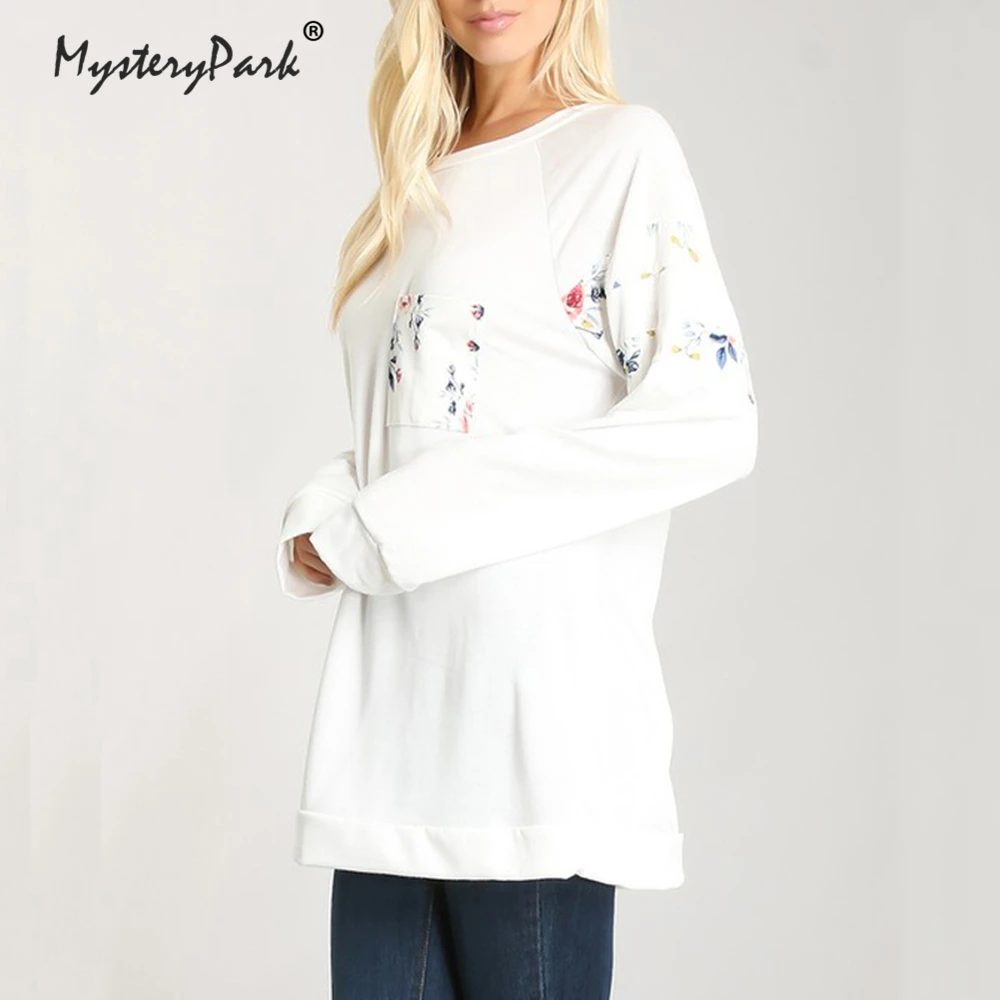 MysteryPark Long Sleeve Shirt women Embroidery Floral White T shirt Women 2018 Warm Autumn Pullover Vintage O-neck Casual Tops | Женская