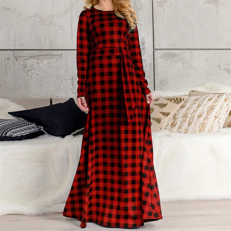 Rauen Herbst Rot/Blau клетчатые Boho Kleider Damen Langarm повседневные Mode Lange Макси Kleid вечерние Strand