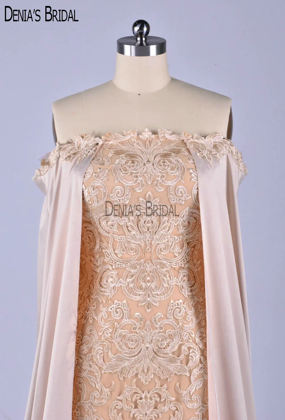 2019 Sheath Champagne Lace Evening Dresses with Beaded Satin Cape Formal Gowns | Свадьбы и торжества