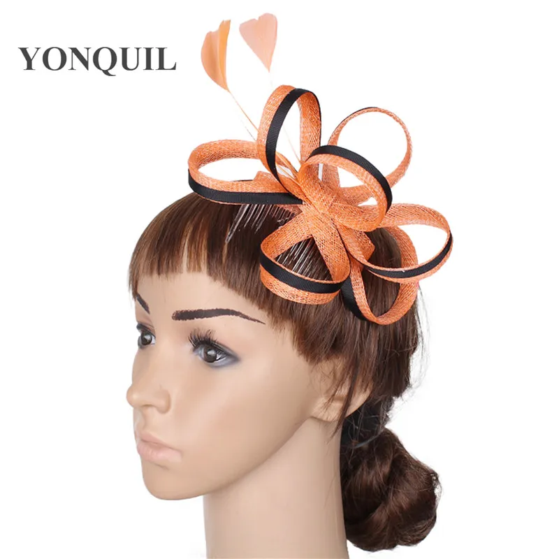 Фото Sinamay Feather Hair Fascinator, головной убор, зажим для коктейльной вечеринки, церковная шляпа, аксессуар SYF45, головной убор на день гонок №3
