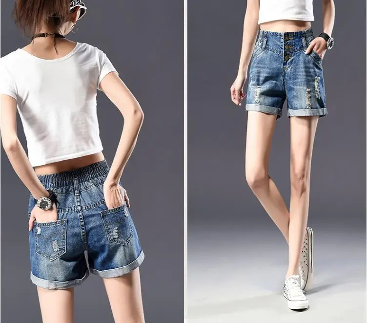 Elastic waist denim shorts women's summer 2019 new hole high large size loose | Женская одежда