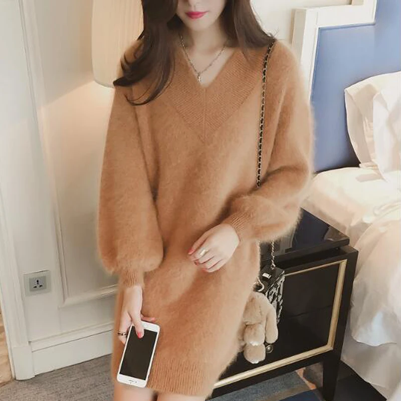 Women Natural Mink Cashmere Sweater Dress V Neck Sexy Long Pullover for lady spring Pink ksr537 | Женская одежда