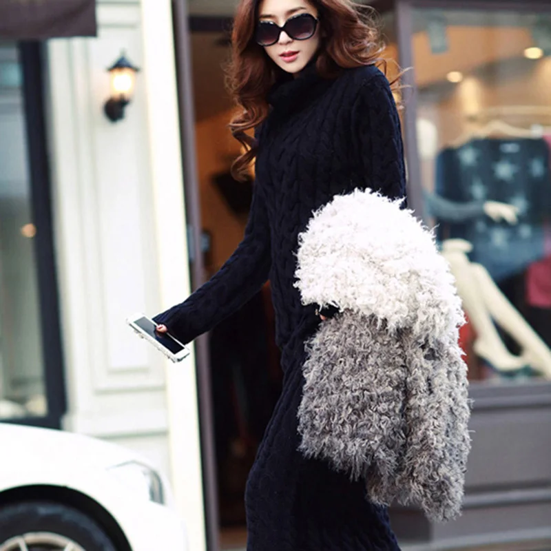 2019 Autumn Winter long Sweater dress women solid bodycon Thick Female Jumper O-neck slim basic knit Long sleeve | Женская одежда