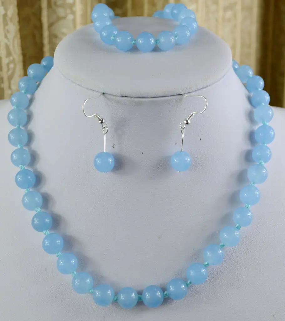 

10mm Natural Blue Aquamarine Gemstone Necklace Bracelet Earring Set 18" AAA