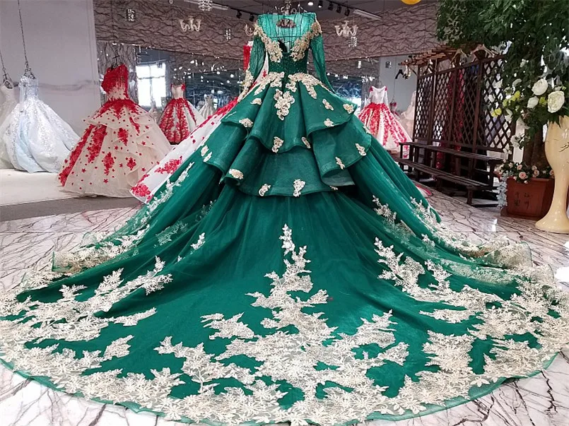 Элегантное зеленое кружевное бальное платье с длинными рукавами свадебное