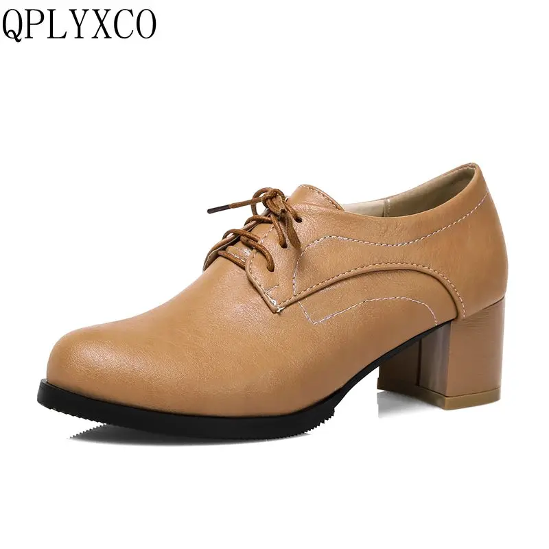

QPLYXCO New plus big size 32-43 women shoes high heels round toe sapato feminino platform ladies shoes Lace up casual C203