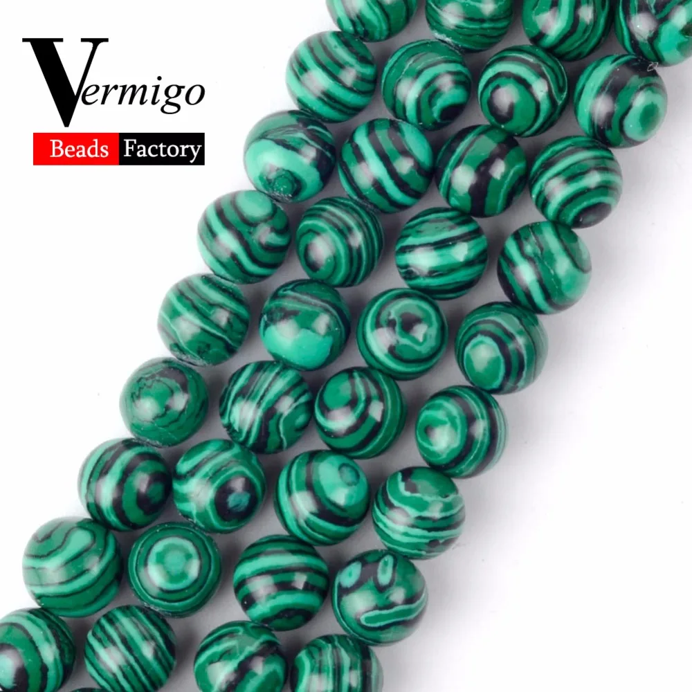 

Synthesis Green Malachite Stone Beads For Needlework Jewelry Making Round Spacer Beads 4 6 8 10 12MM Diy Bracelet Necklace 15"