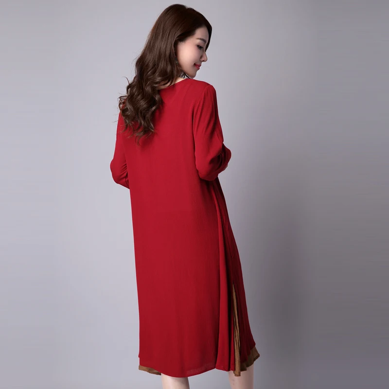 Winter Autumn Dress Long Sleeve Size M~2XL Linen Cotton Vintage Two Piece Solid Color O Neck Maxi Casual | Женская одежда