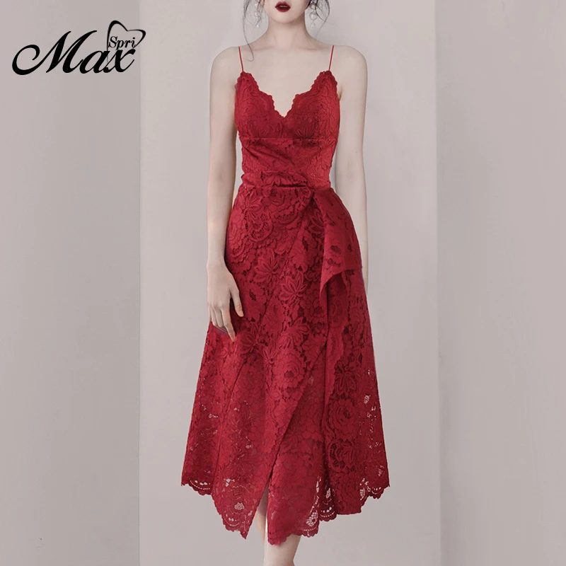 Женское асимметричное платье Max Spri кружевное на бретельках без рукавов с