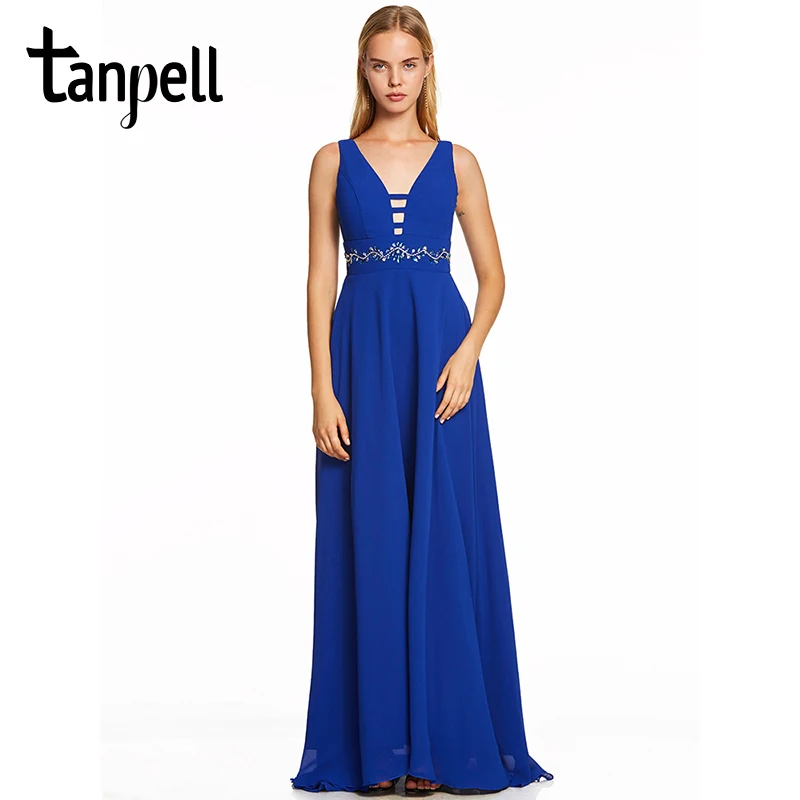

Tanpell v neck long evening dress dark royal blue sleeveless floor length a line gown women beaded empire formal evening dresses