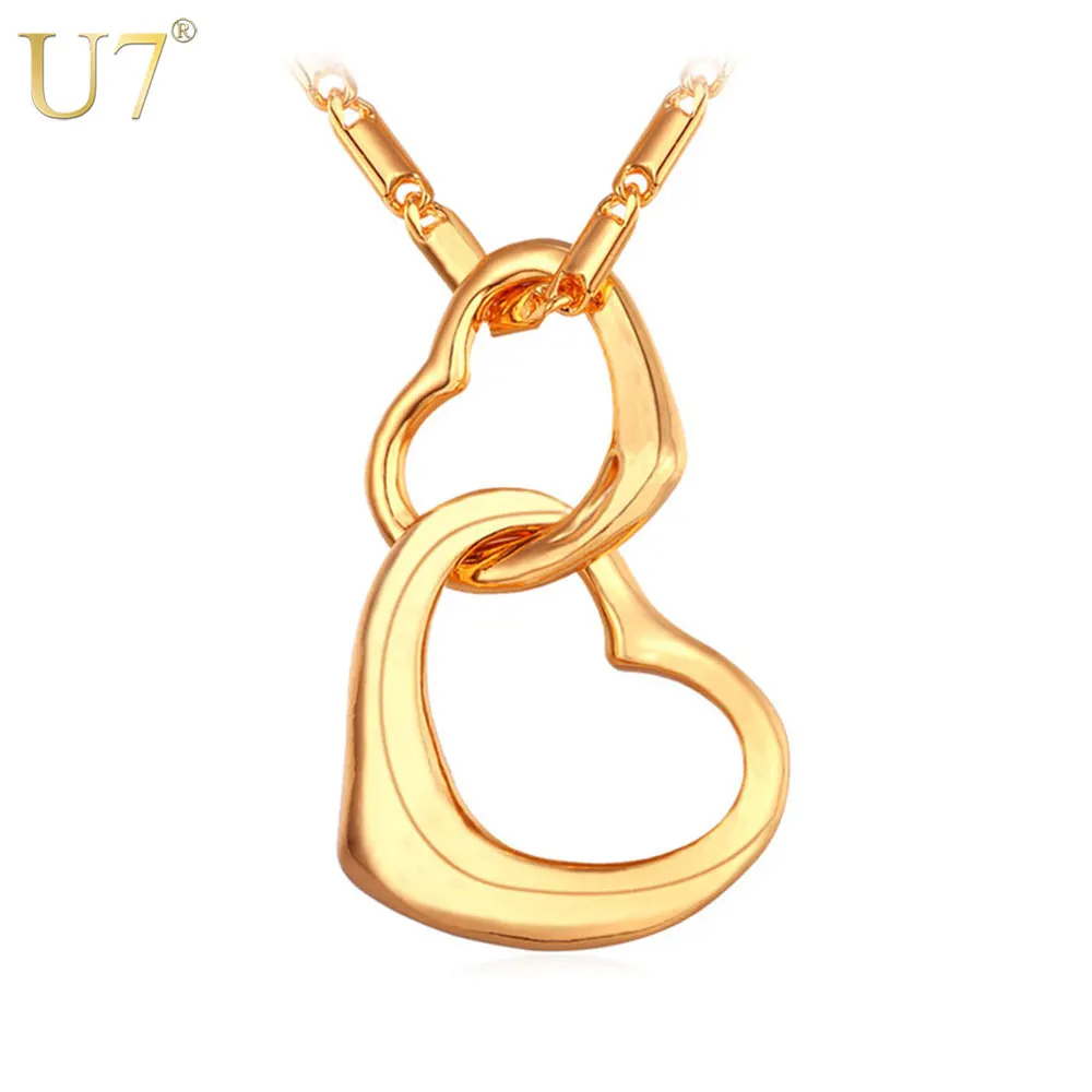 U7 Сердца К Сердцу Подвеска Ожерелье Женщины Позолоченные Двойное Сердце Кулон
