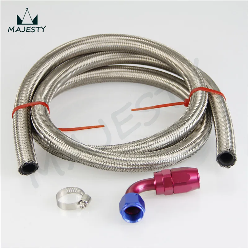 

AN-6 STAINLESS STEEL BRAIDED OIL/FUEL HOSE 3FT +90 Degree fuel/oil line fitting adapter brand new blue and red