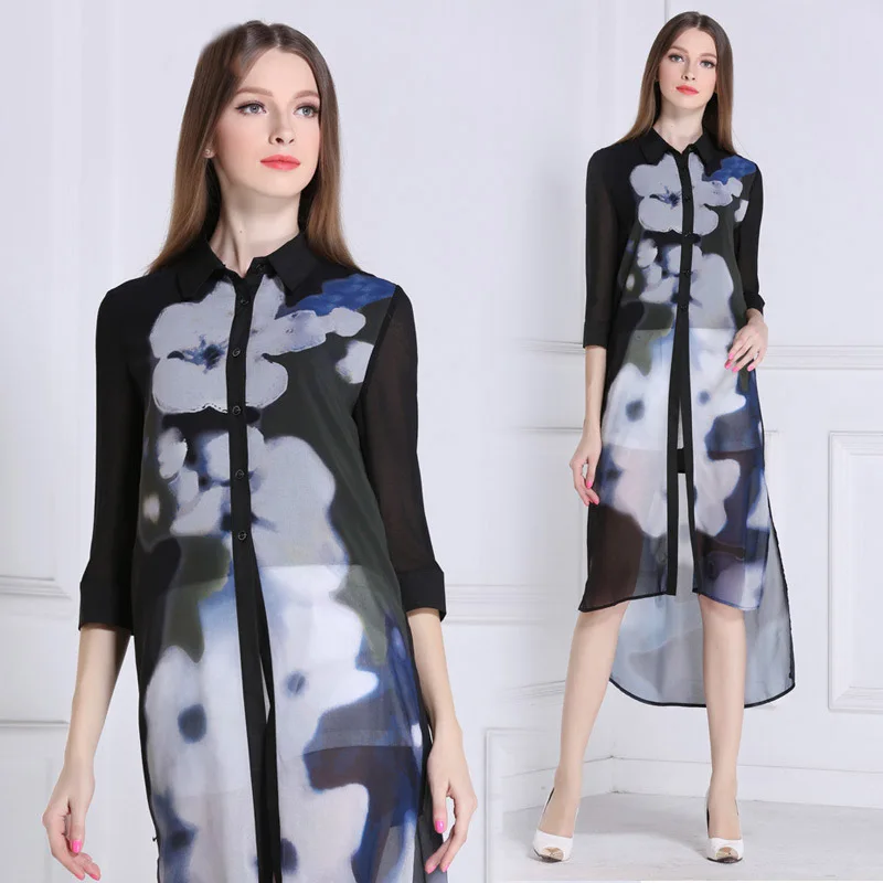 Fasicat 2015 High Quality Summer Style Chiffon Women Dress Ink Painting Print Vestidos Button Placket Loose Voile L153028 | Женская