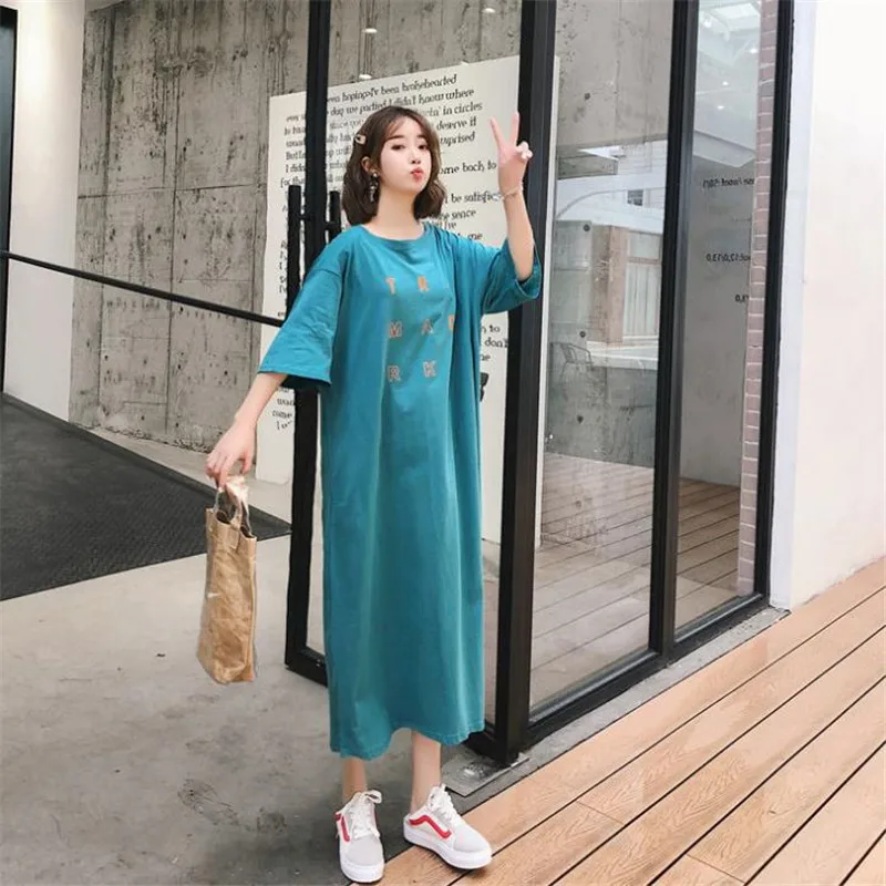 

2019 Hot Summer Women Letter Print Knee -Length Dress Round Neck Short Sleeve Long T-Shirts Dress L XL 2XL HC084