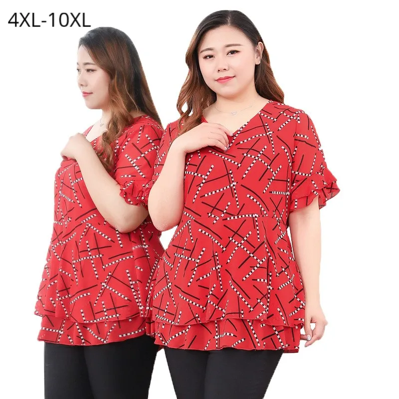 Plus Size 10XL 9XL 8XL Womens Flare Sleeve Summer Shirts V Neck Striped Print Chiffon OL Slim Work Wear Tuniques Femmes |