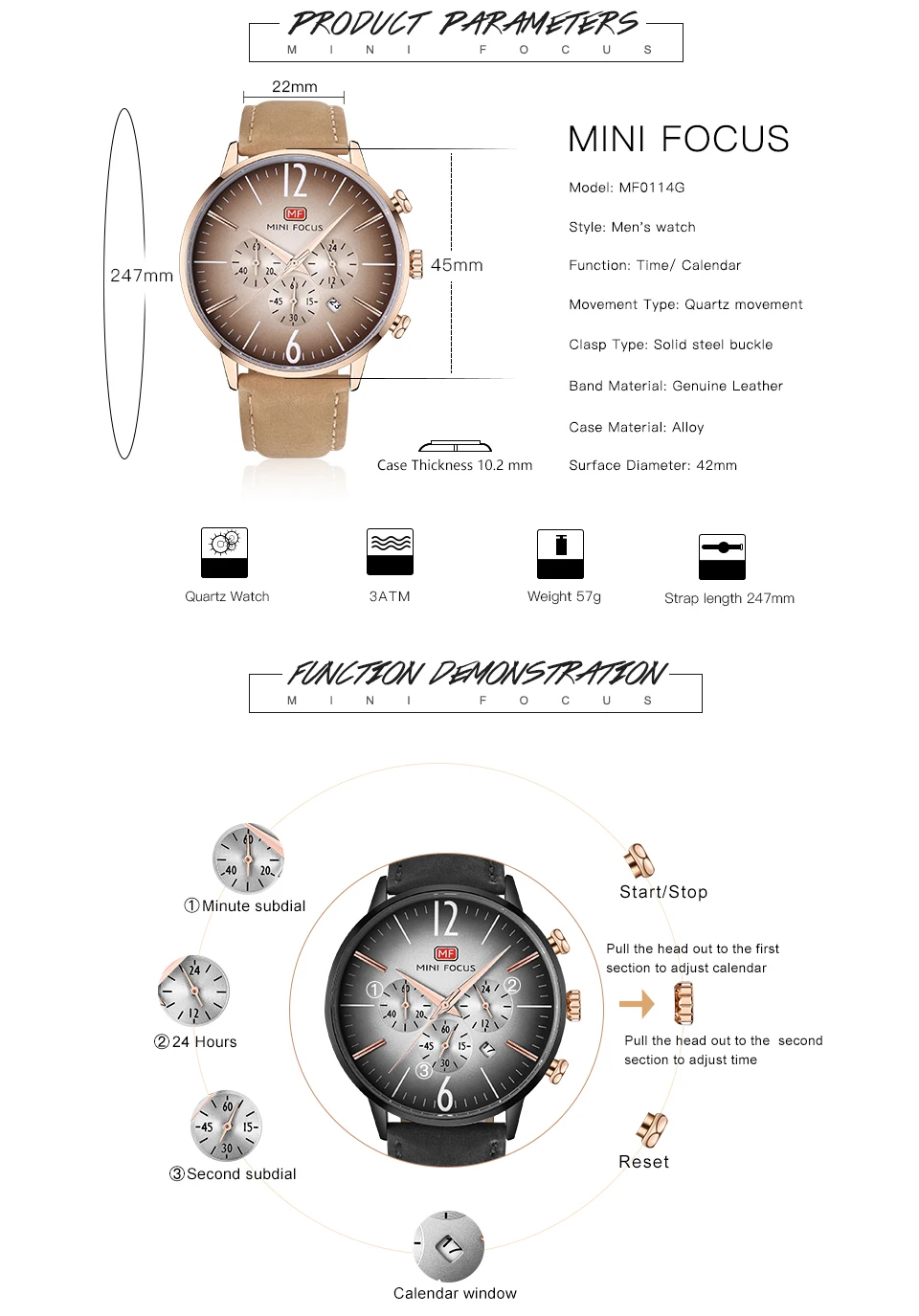 Модные спортивные кварцевые часы MINI FOCUS мужские с кожаным ремешком 3 циферблата 6