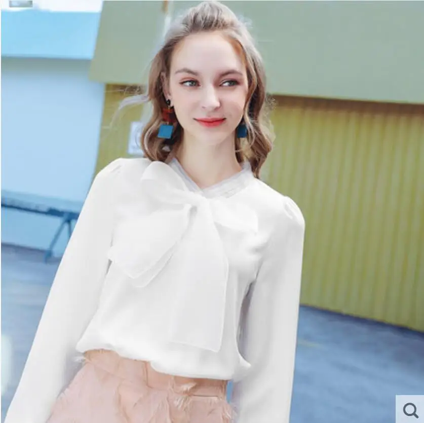 2019 Весенняя новая шифоновая рубашка женская с длинным рукавом бантом модный