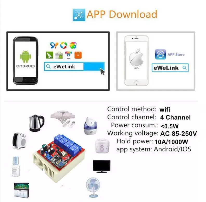 AC 220V 4CH канальный WiFI переключатель Модуль Автоматизации умного дома вкл/выкл