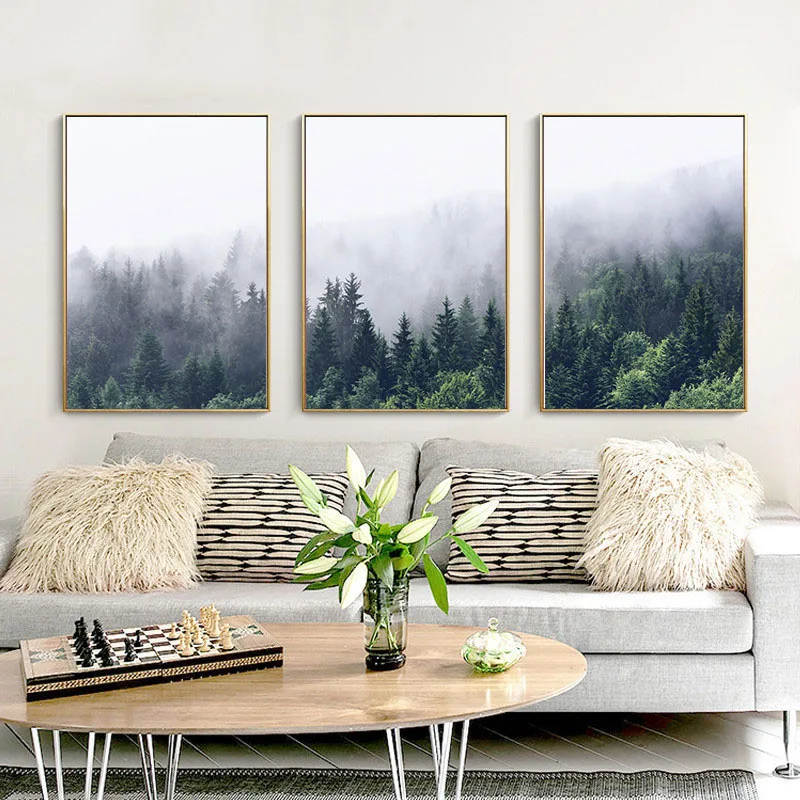 

HAOCHU Nordic Canvas Art Print Landscape Decorative Painting Fresh Green Forest Fog Scenery Home Living Room Hotel Poster Mural