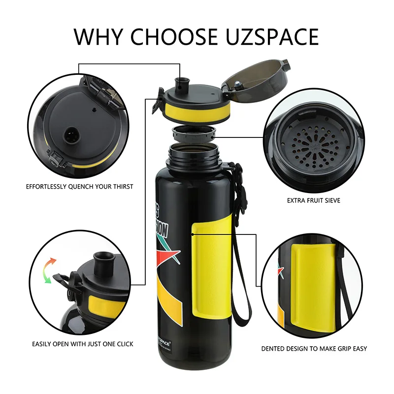 UZSPACE спортивные бутылки для воды большой емкости Мужской портативный креативный тренд чайник открытый фитнес пространство пластиковая бутылка BPA бесплатно