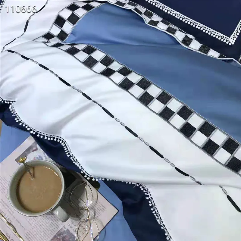 60 s Комплект постельного белья из длинного штапельного хлопка, набор постельных принадлежностей с вышивкой, роскошная простыня, черно-белый плед, набор пододеяльников