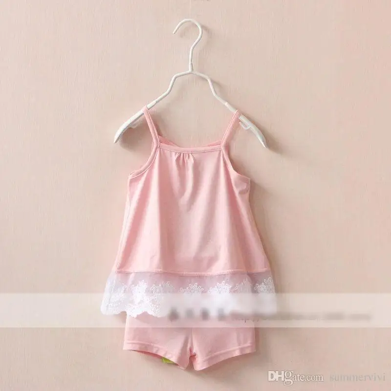 Fashion Europe and America style children outfits Suits grils sleeveless camisole lace tops+Pure color shorts 2pcs sets kids clo |