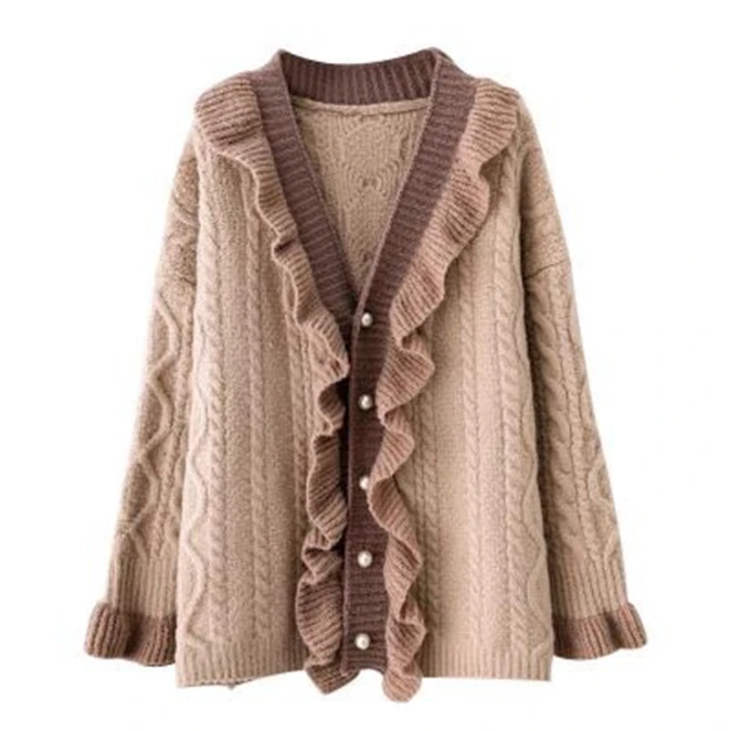 

Женский вязаный Свитер оверсайз с бусинами и расклешенными рукавами, Свободный кардиган большого размера с жемчужными оборками, модель J830 на осень и зиму