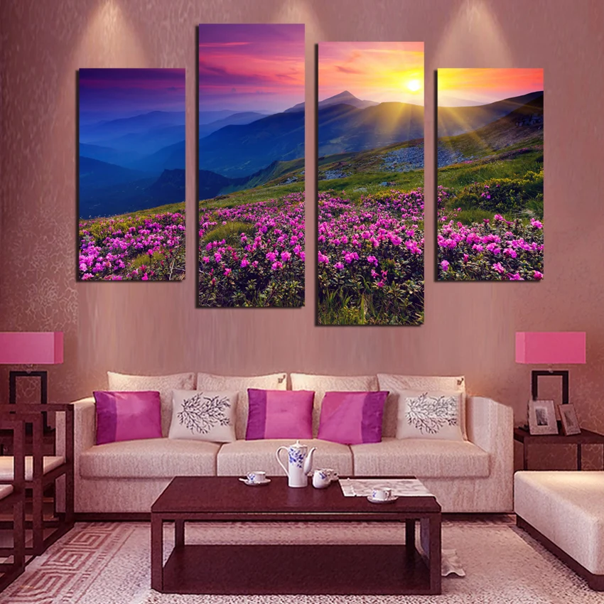 4 панели настенные картины морской цветок Декор закат пейзаж Печатный холст
