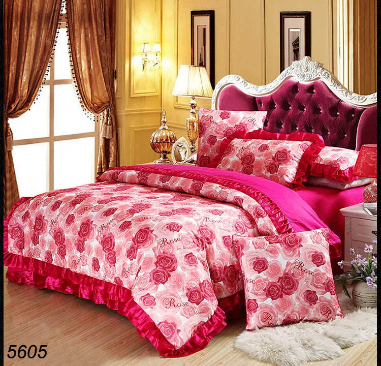 high quality golden 6pcs silk bedding sets satin comforter cover puffy bed sheet pillowcases shams tencel spread 5603 | Дом и сад