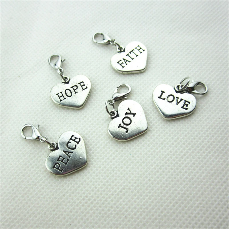 20pcs/lot Mix Heart Hope Love Faith Joy Dangle Charms Lobster Clasp Charms Diy Jewelry Accessory for Bracelets Hanging Charms