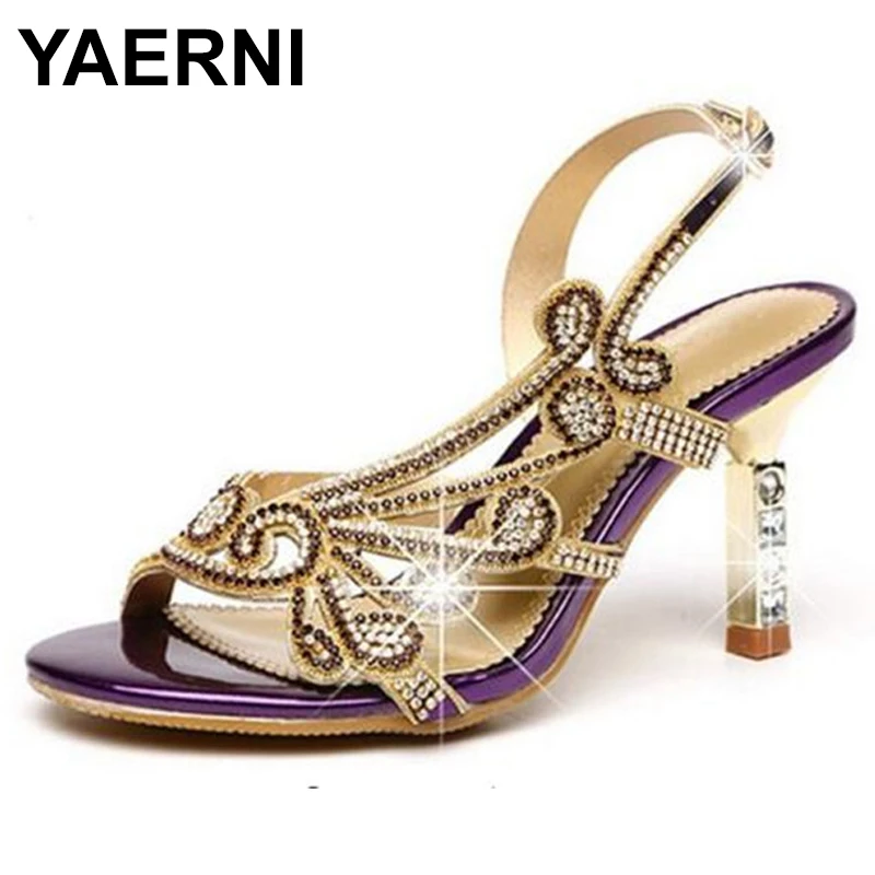 

YAERNI 2022Summer Women Sexy Rhinestone Sandals female High-heeled Diamond Genuine Leather Shoes Thick Heel SandalsE866