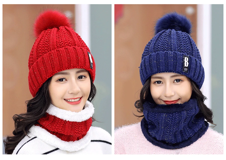 New Brand Winter knit Beanies Hat Women Thick Warm Beanie Skullies Hat Female Letters Bonnet Beanie Caps Outdoor Riding Sets Bib