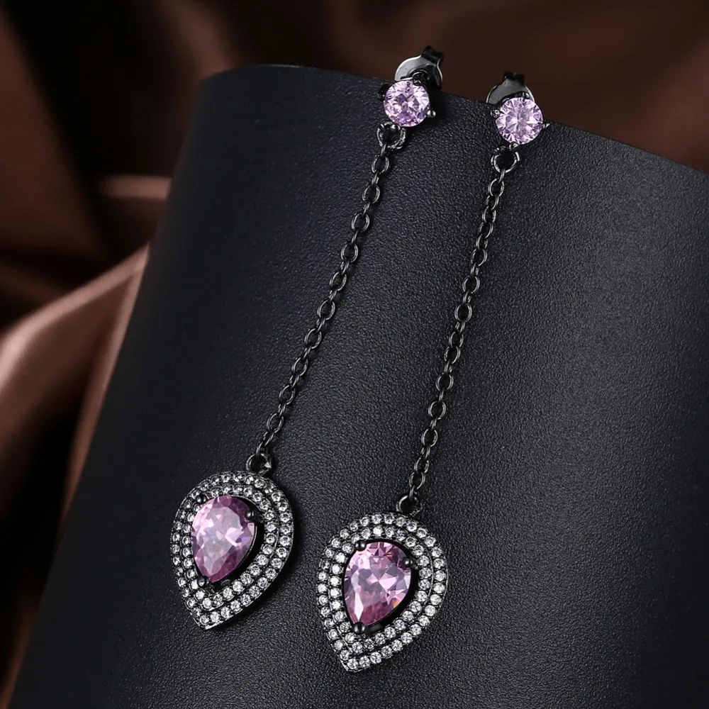 Hiyong моде длинные цепочки серьги розовый cz довольно Teardrop Камень микро проложить