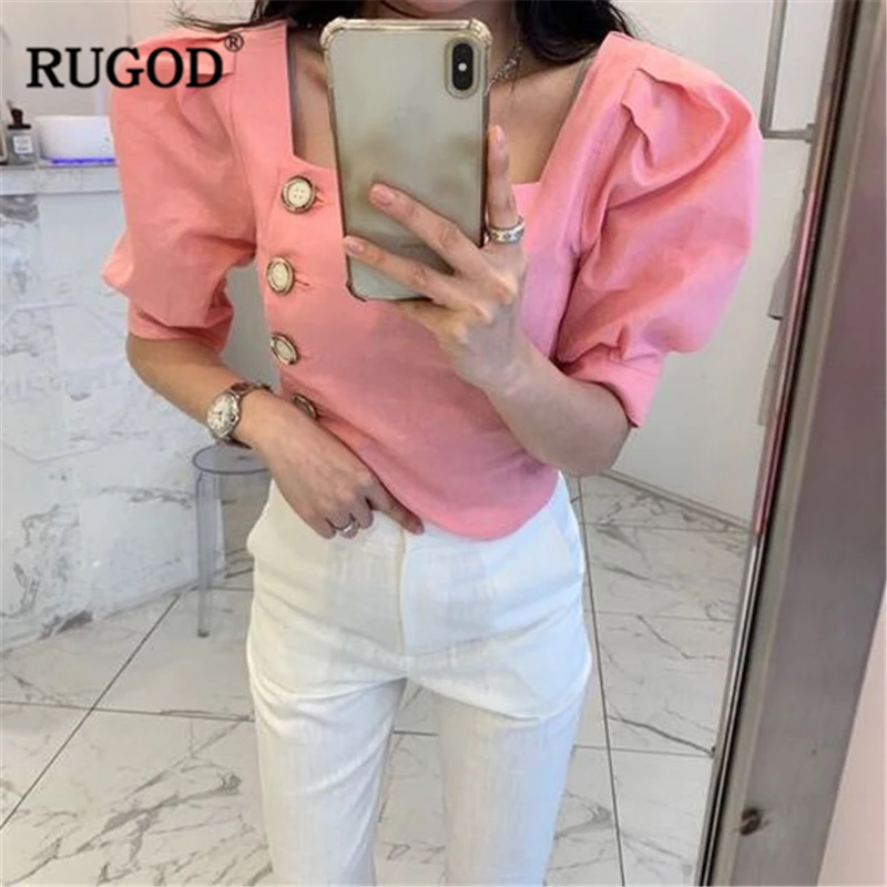 RUGOD New Arrival Women Solid Slim Shirt Square Collar Half Puff Sleeves Single-breasted Blouse Korean Temperament Tops