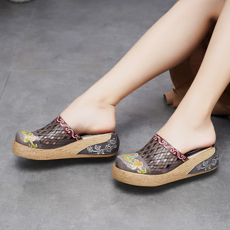 GKTINOO Genuine Leather Shoes Hollow Slippers Handmade Slides Flip Flop On The Platform Clogs For Women Woman Plus Size | Обувь