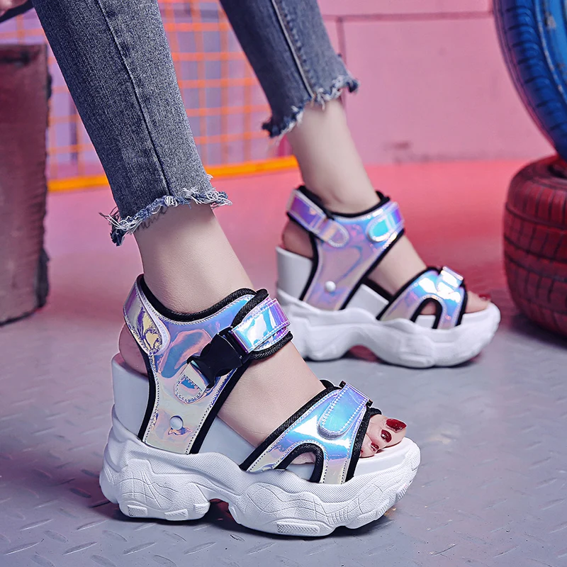 Летние модные женские сандалии на танкетке 11 5 см кожаные высоком каблуке для