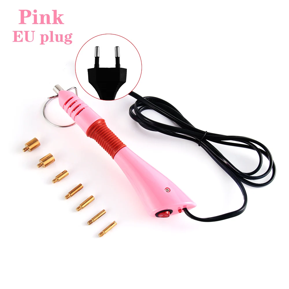 EU plug pink 18,5x4x2,6 см 7 наконечников 5 секунд быстро нагревается! Утюжок-на горячей фиксации Стразы аппликатор палочка термофиксация инструмент EU/US plug - Цвет: EU plug pink