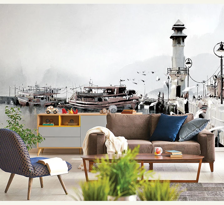 

3D/8d Vintage Hand-painted European wharf wall paper Mural Background Wallpapers Lighthouse Wallpaper Bedroom Living Room