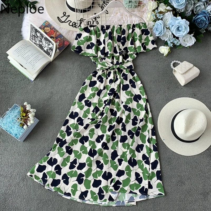 Neploe Leaf Print женское платье Лето 2019 Slash шеи короткий рукав Vestidos Высокая талия шнурок