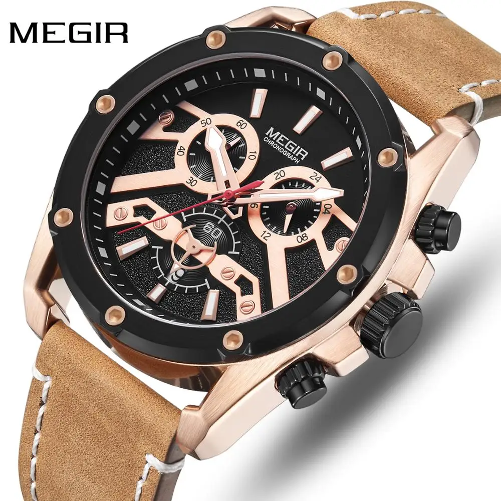 MEGIR Mens Watches Top Brand Luxury Men Fashion Chronograph Quartz Watch Army Military Leather Wrist Relogio Masculino | Наручные часы