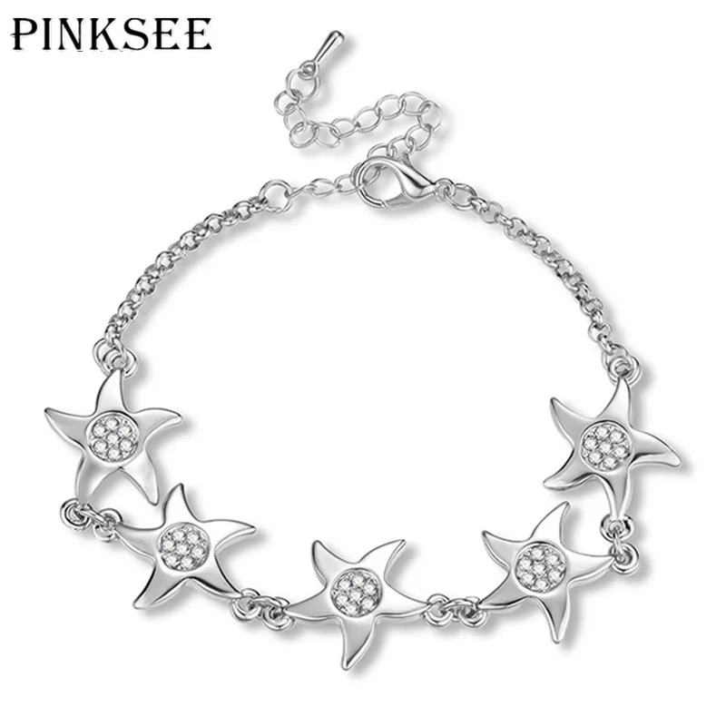 Модный браслет PINKSEE с кристаллами в виде морской звезды необычное серебряное