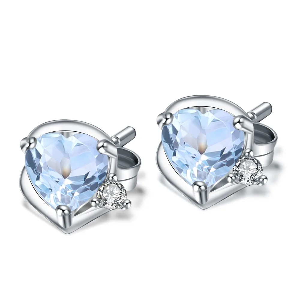 Серьги-гвоздики в форме сердца с натуральным голубым топазом, 1.91Ct, 925 пробы, серебряные серьги-гвоздики с камнем рождения для женщин, хорошее ювелирное изделие