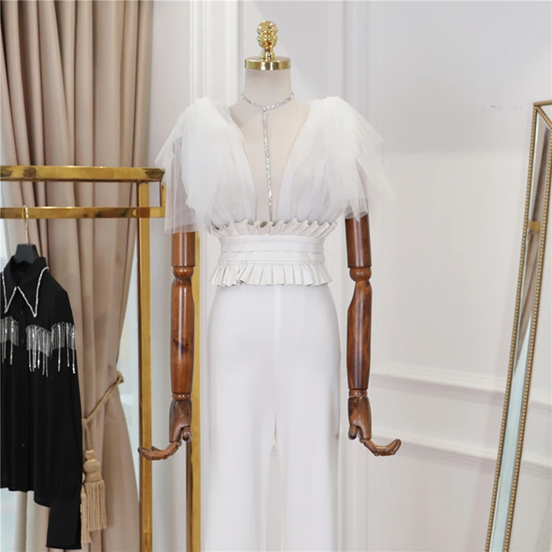 Высокий уличный Новый 2019 Стильный комбинезон женский Глубокий V марлевый